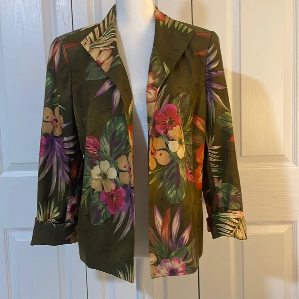 Peck & Peck Collection Women’s SZ 14 Floral Olive Open Front Silk Blend Blazer - Picture 1 of 13